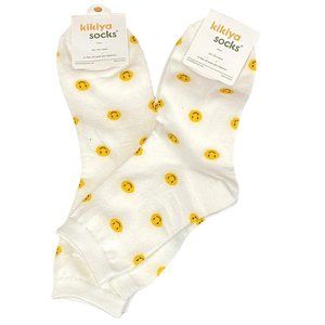 Smiley Face Print Socks White Yellow One Pair One Size NWT